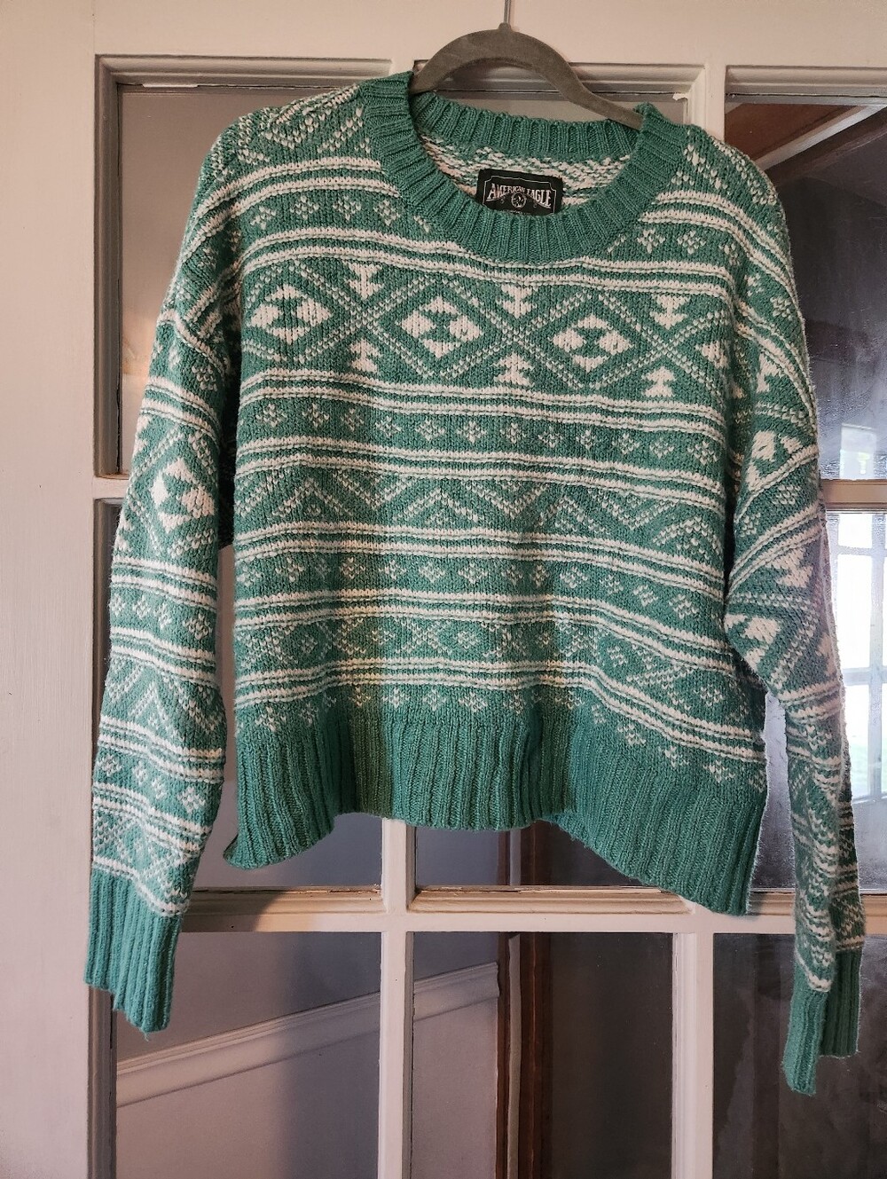 American Eagle Snowdrift Fair Isle Sweater Women L Green White Nordic Knit